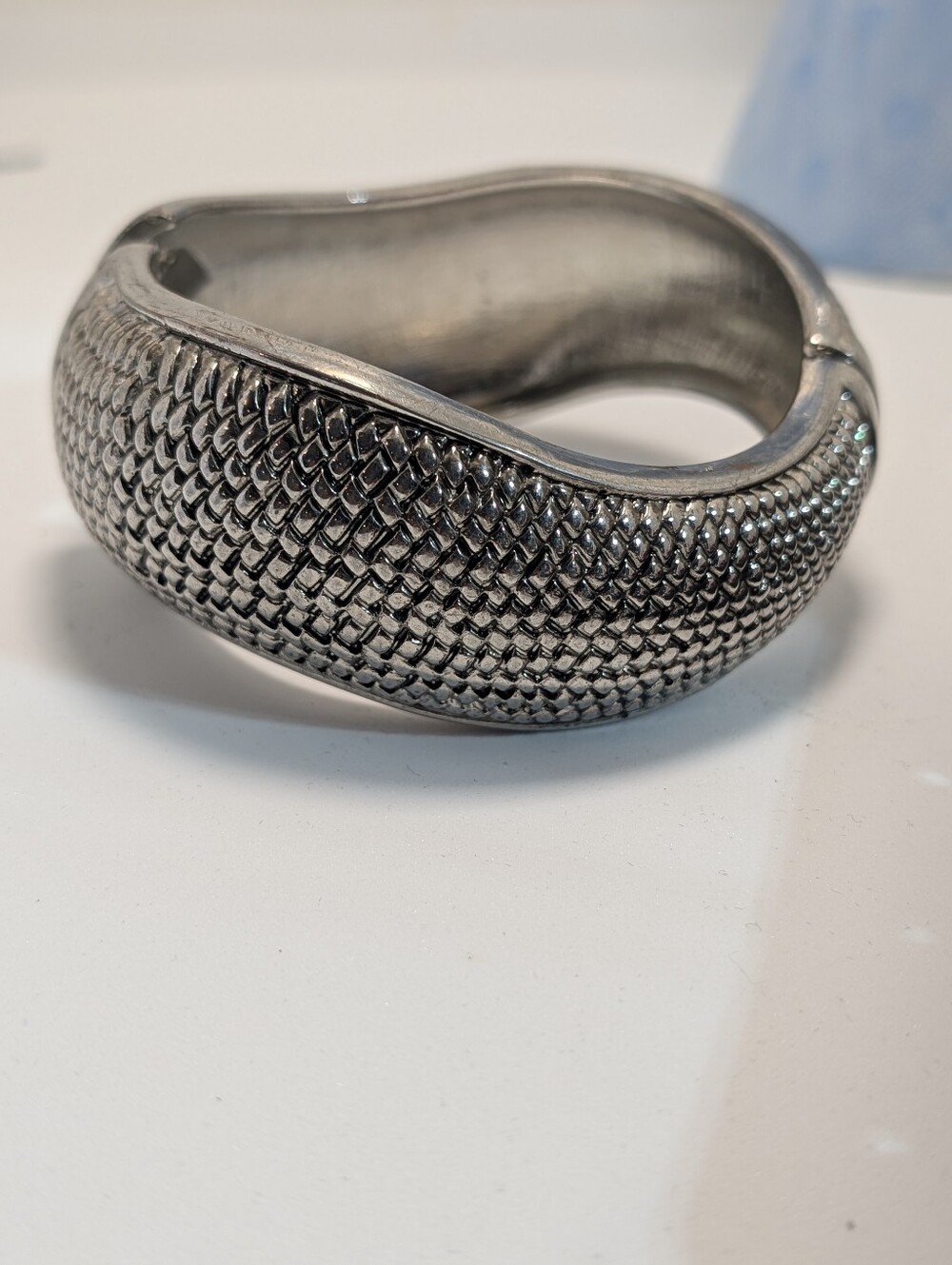 Woven Texture Clamper Bracelet Silver Tone Large